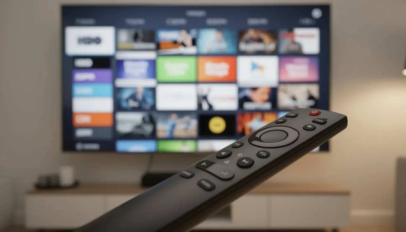 The image features a sleek modern TV remote control aimed at a large flat-screen television, which is displaying a channel guide filled with various live TV channels and streaming apps. This setup highlights the user-friendly interface of fire TV devices, perfect for accessing movies, TV shows, and free content through the Amazon app store.