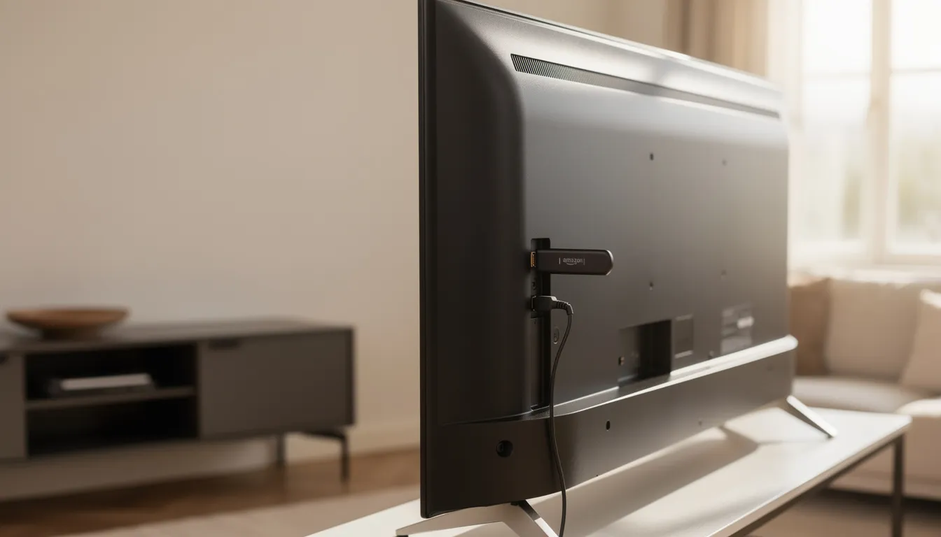 The image shows a Fire TV Stick device plugged into a modern television in a cozy living room, highlighting its role in streaming content. The setup suggests a user-friendly experience for accessing various apps, including streaming services and possibly third-party options.