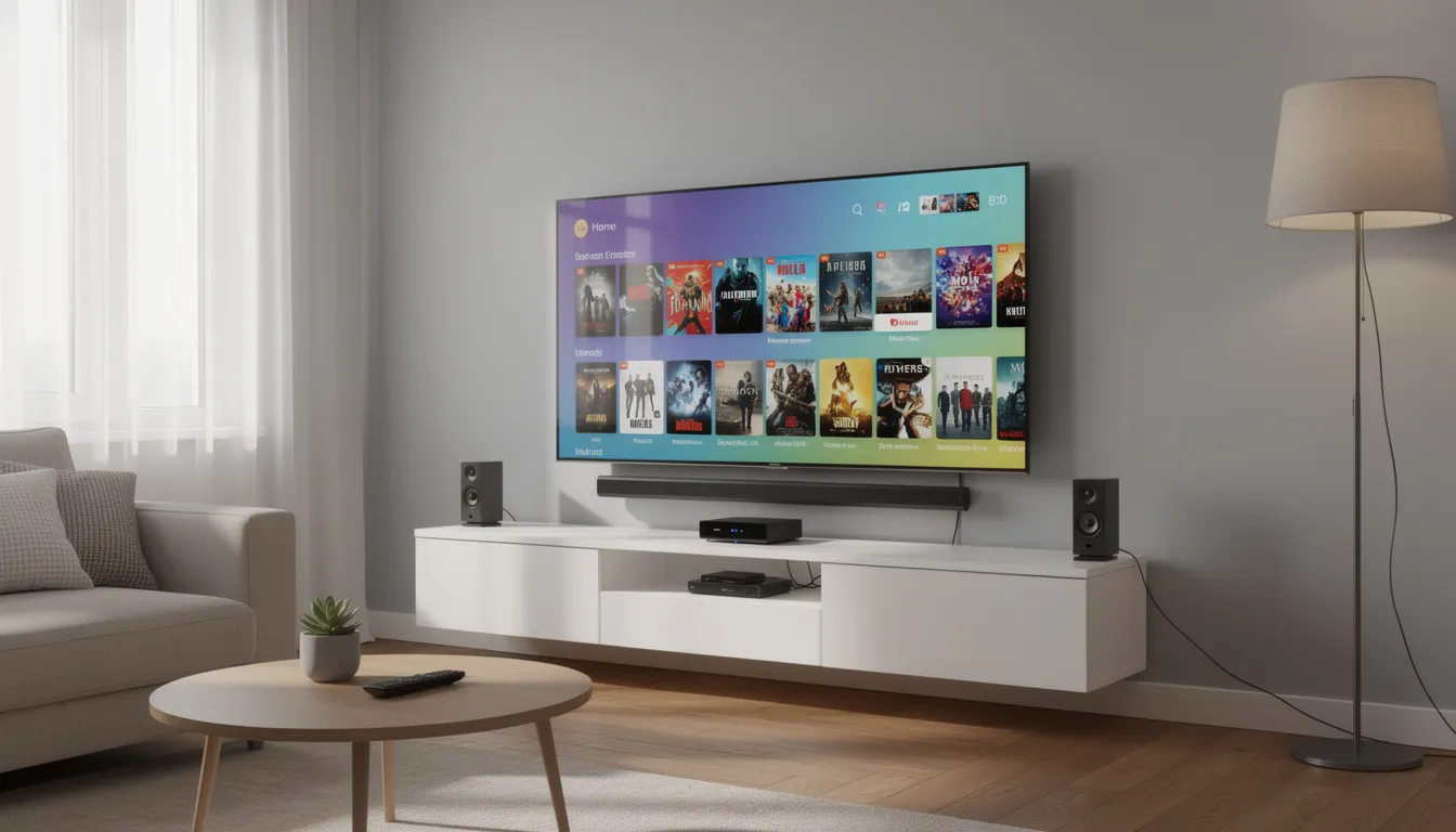 The image depicts a modern living room featuring a sleek smart TV connected to various streaming devices, including a Fire TV Stick. The setup suggests an optimal IPTV experience, highlighting the importance of a reliable internet connection for seamless streaming and avoiding buffering issues.