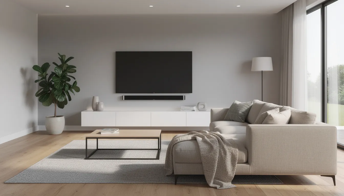 The image depicts a modern living room featuring a large television mounted on the wall, creating a stylish focal point. This inviting space is perfect for enjoying streaming services, such as those provided by an IPTV service or using an stb emulator app on devices like the Fire TV Stick.