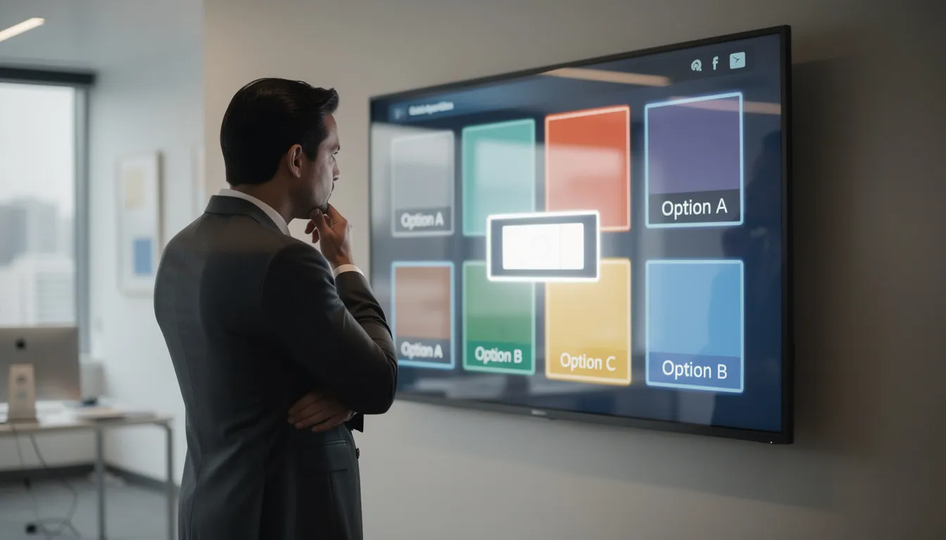 An individual stands in front of a large screen, contemplating various options displayed for advanced IPTV solutions, such as changing device language settings and accessing specific channels. The intuitive interface suggests features like parental control support and dynamic language options, catering to users of different languages, including Arabic and Spanish.