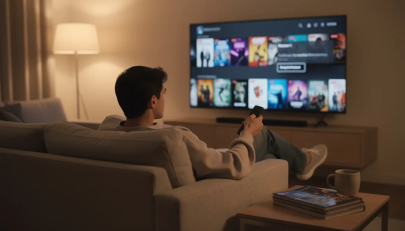 A person is sitting comfortably on a couch, holding a fire TV remote and gazing at a TV screen displaying on-screen instructions for setting up their Amazon Fire TV Stick. The living room is cozy, and the individual appears engaged in the process of enjoying streaming movies through the device.