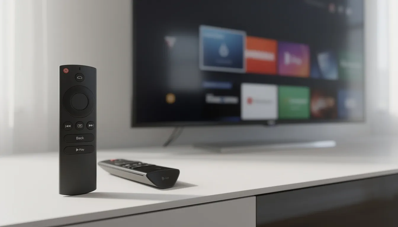 The image shows a sleek remote control for a streaming device placed next to a modern flat-screen television. This setup is ideal for accessing various IPTV services, including the stb emulator app, allowing users to start streaming their favorite content easily.