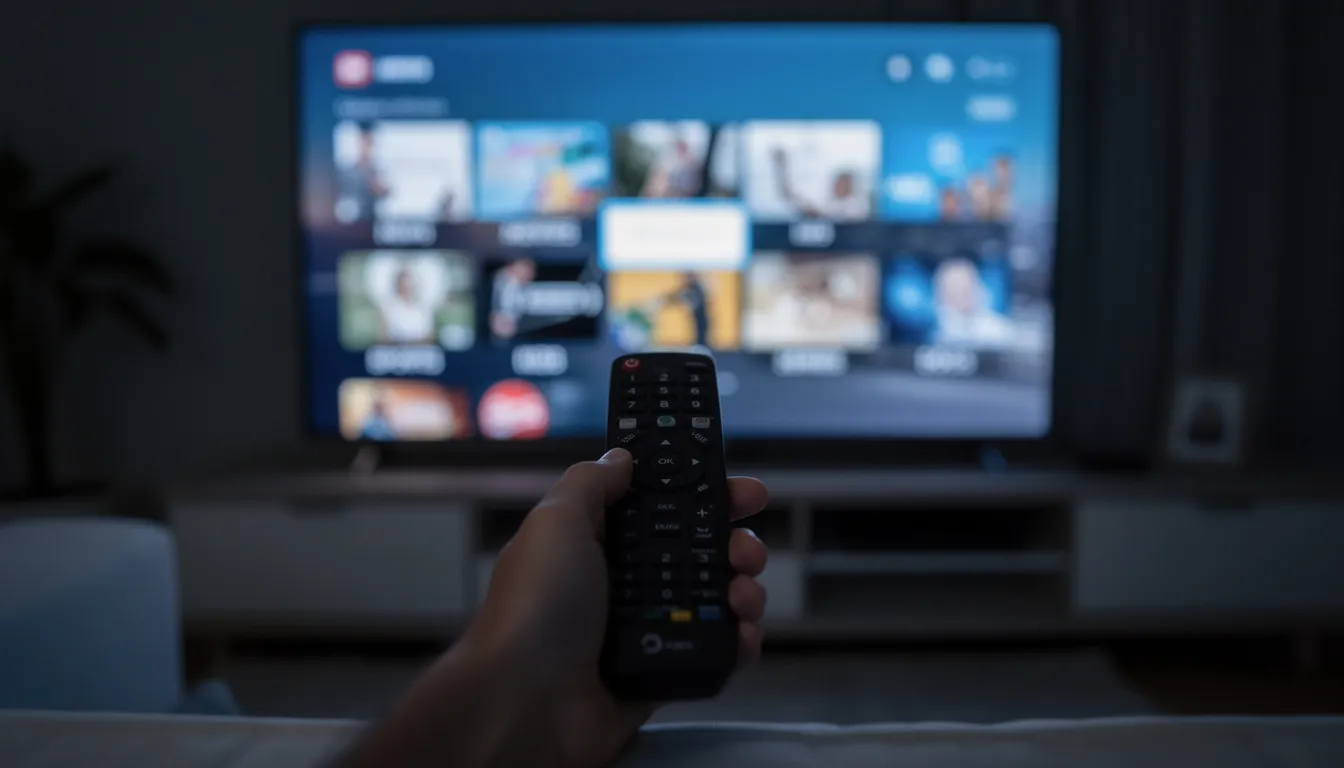 A hand is holding a TV remote, pointing it at a television screen that displays a channel selection grid featuring various TV channels. This user-friendly interface allows users to browse through available IPTV services and select their favorite channels easily.