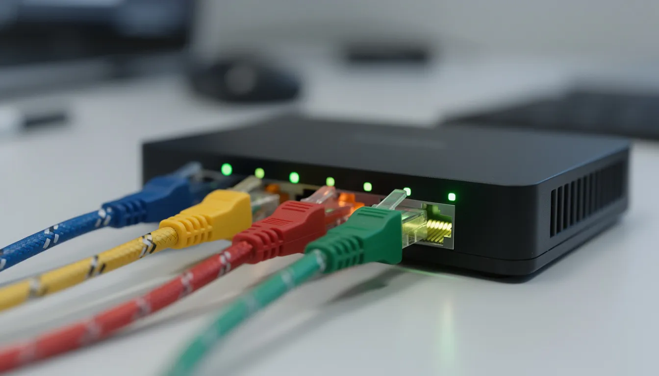 The image features a collection of colorful Ethernet cables connected to a network router, which is illuminated by blinking lights, indicating active internet connectivity. This setup is essential for devices like the Fire TV Stick to access IPTV services and stream content through apps like the STB Emulator.