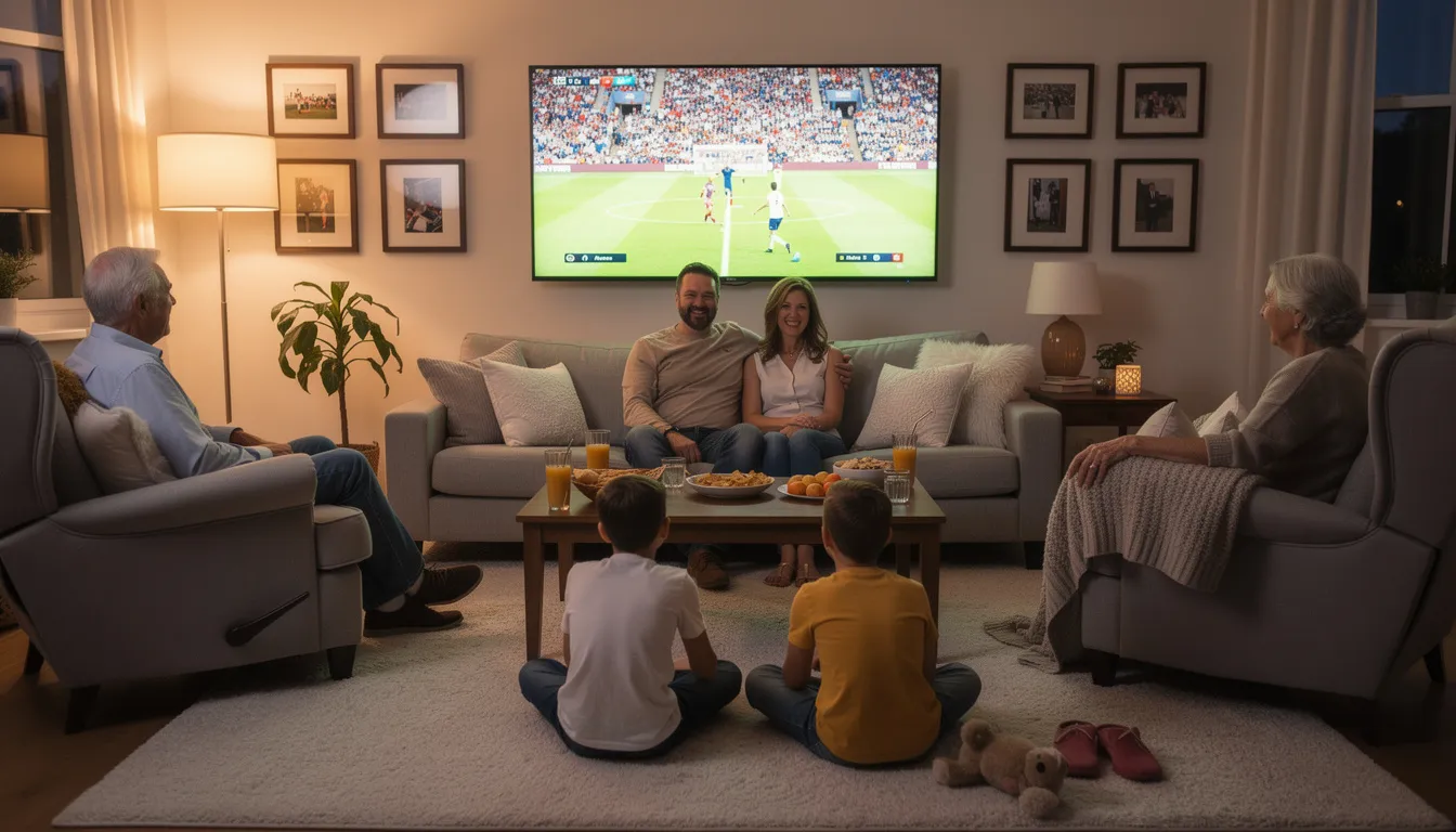 A family is gathered in their cozy living room, intently watching live sports on a large flat screen television, showcasing the excitement of the game. The scene highlights the enjoyment of watching IPTV services together, emphasizing the connection and shared experience among family members.