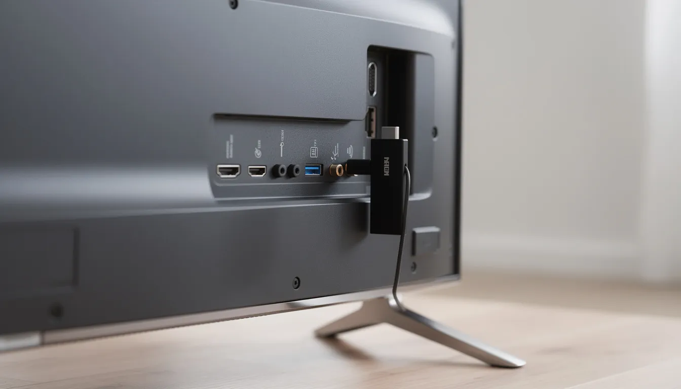 The image shows a Firestick device connected to the back of a modern flat-screen television, highlighting its role in enhancing the streaming experience. With access to the Amazon App Store, users can enjoy various streaming apps, free movies, and live TV channels, making it a solid option for Firestick users.