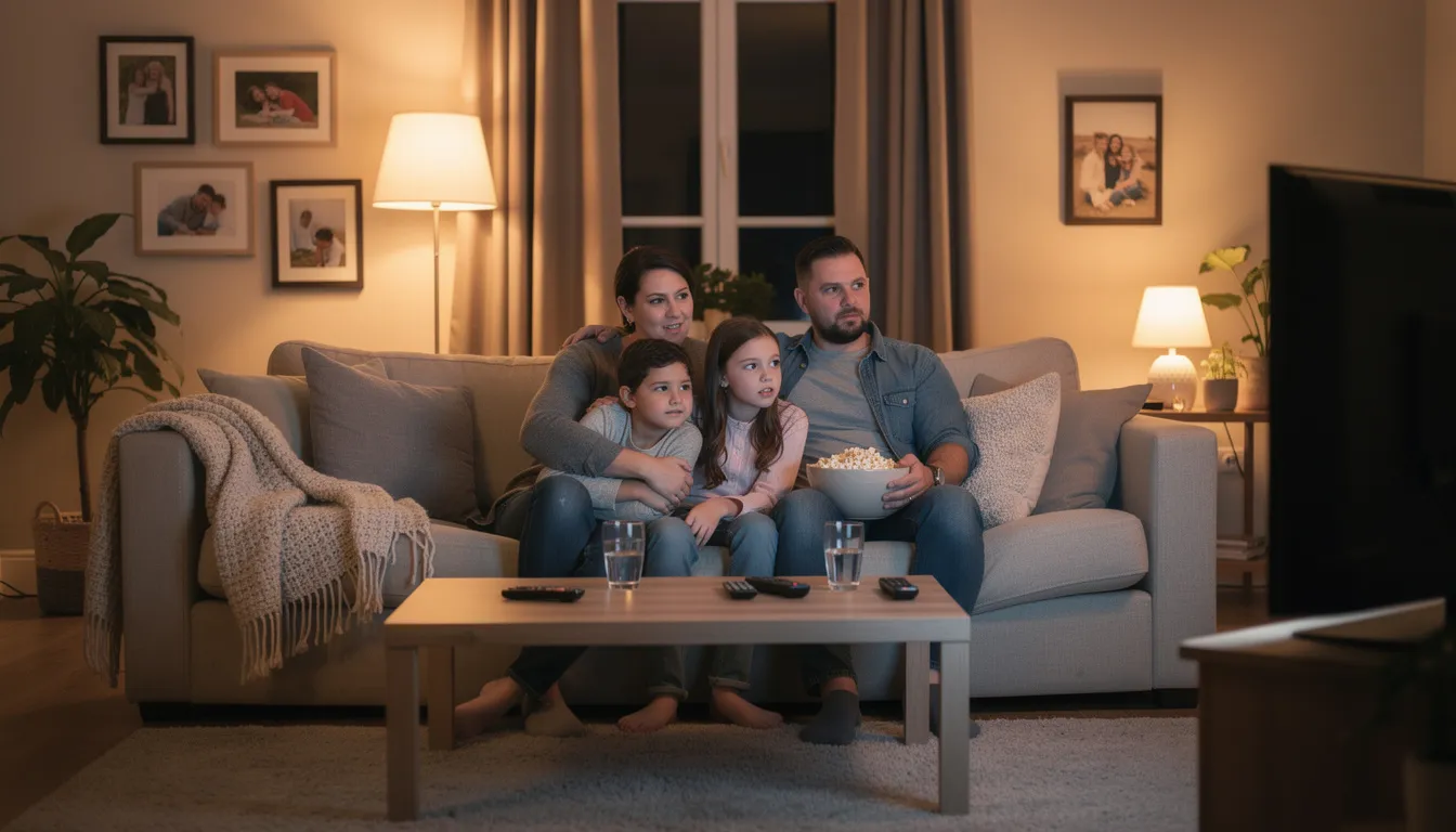 A family of four is comfortably seated on a couch in a cozy living room, watching television together. The scene captures a warm atmosphere, highlighting their enjoyment as they engage with various TV channels, possibly through an IPTV player like Televizo, surrounded by soft lighting and inviting decor.