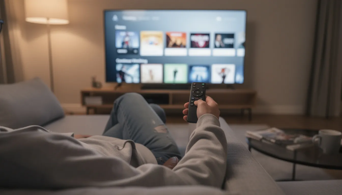 A person is sitting comfortably on a couch, holding a streaming remote control while facing a television, ready to enjoy their favorite shows or live sports through an IPTV subscription service. The cozy setting suggests a perfect environment for watching international channels or on-demand content.