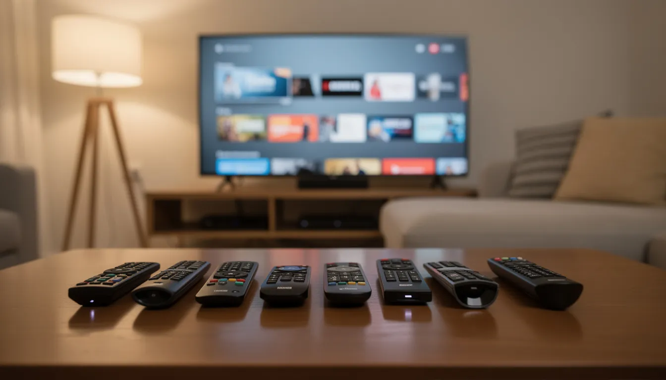 The image features a variety of streaming remote controls, including a Roku remote and a Fire TV stick, neatly arranged on a coffee table beside a television. These remote controls are essential for navigating popular streaming services like YouTube TV and HBO Max on Roku devices and other smart TVs.
