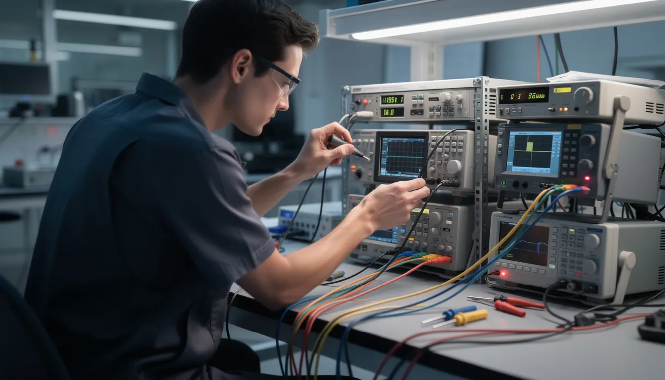 A person is troubleshooting their electronic equipment, with various cables visible, likely connecting a fire TV stick to a TV's HDMI port. They may be following on-screen instructions to complete the setup of their fire TV device.