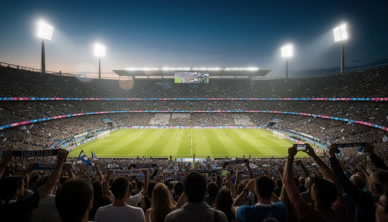 A crowded stadium filled with enthusiastic fans is illuminated by bright stadium lights during an evening football match, creating an electric atmosphere. The scene captures the excitement of live sports, perfect for those who enjoy streaming events through services like Apollo Group IPTV on their smart TVs.