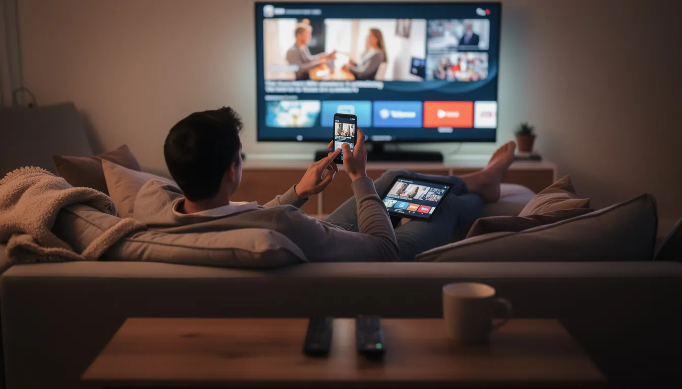 A person is comfortably lounging on a couch, enjoying television content on a large screen while also using a smartphone and tablet. The scene showcases an intuitive interface for streaming, highlighting the versatility of devices like GSE Smart IPTV for accessing live TV and movies.