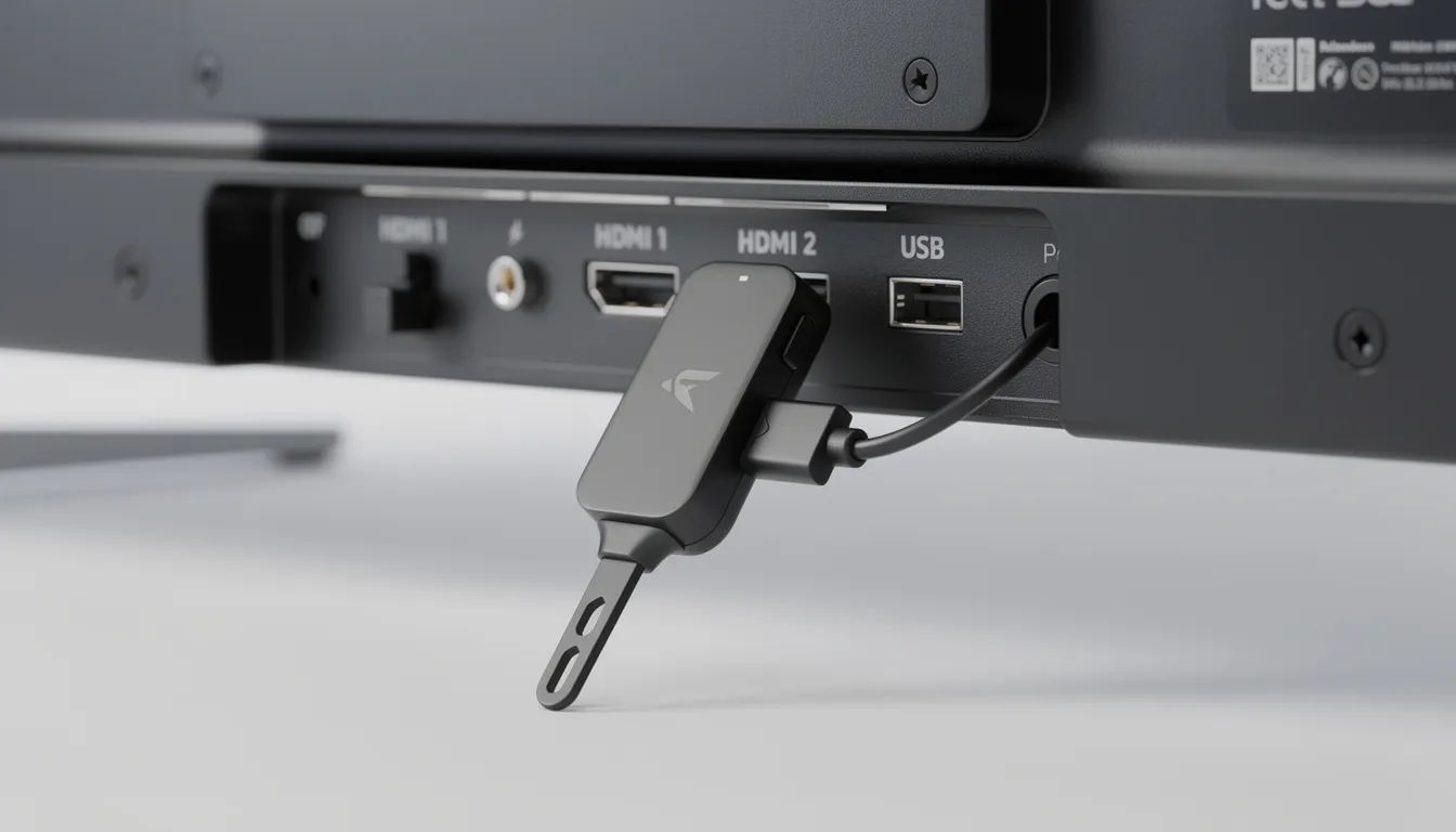 The image shows a compact Roku streaming stick plugged into the HDMI port of a modern flat-screen television, ready to stream content from various platforms like YouTube TV and HBO Max. The sleek design of the Roku device seamlessly integrates with the TV, providing access to a wide range of streaming services.