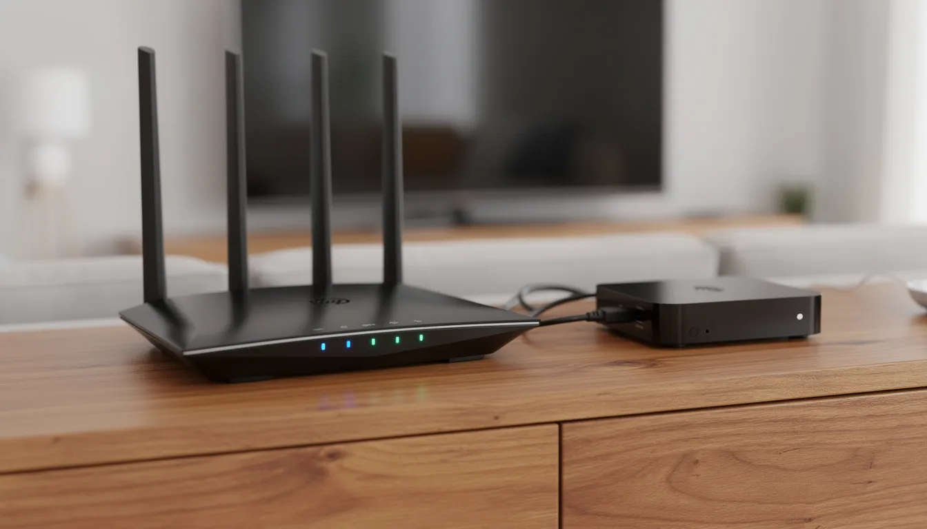 The image depicts a modern wireless router with glowing indicator lights positioned next to a standalone streaming device on a wooden entertainment center, highlighting the high-performance media experience it facilitates for users enjoying smooth streaming of their legally acquired media. The setup suggests effortless media playback and access to multiple platforms for viewing favorite channels and video on demand.