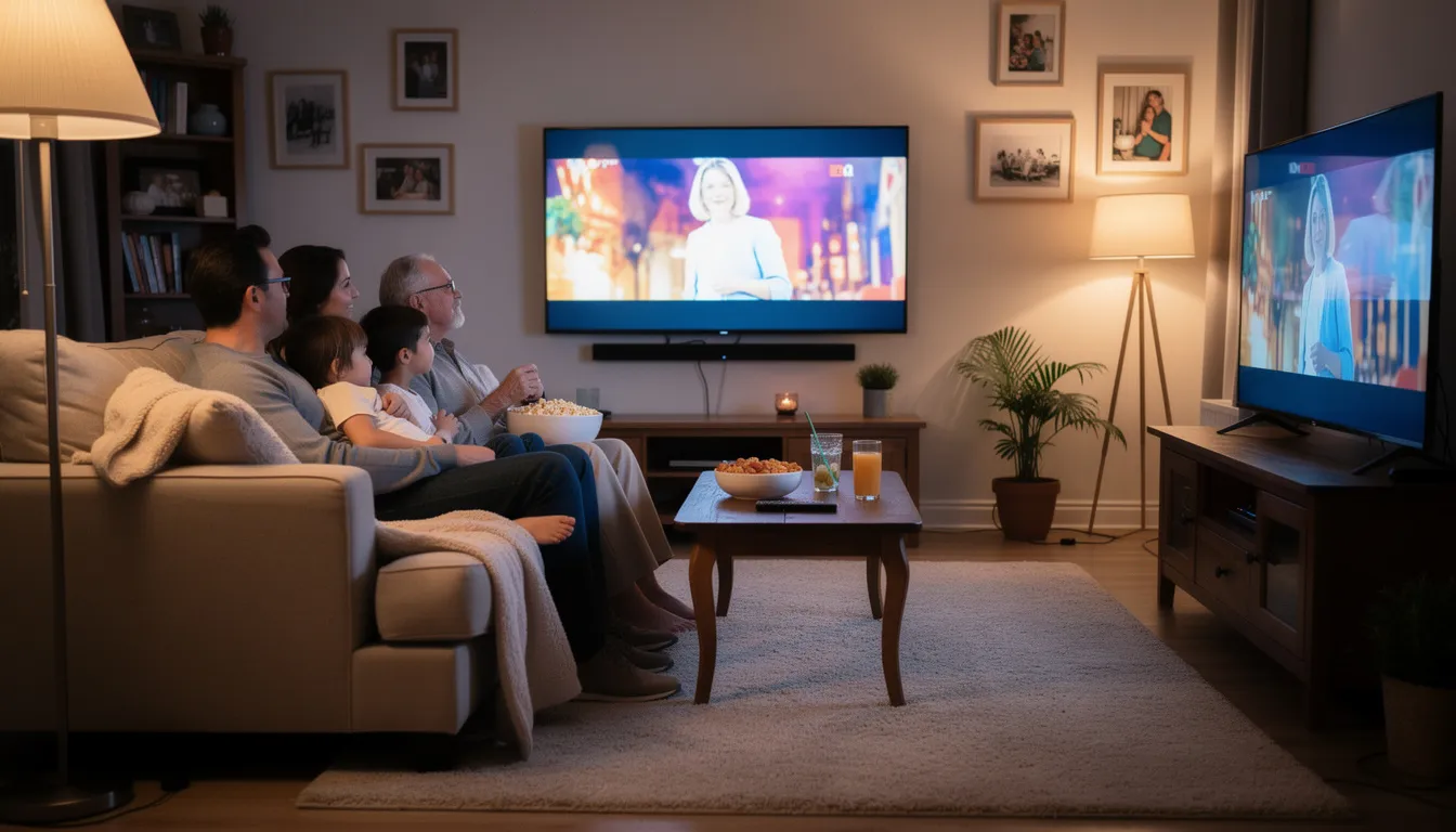 A family is gathered in a cozy living room, enjoying a movie night on a large television, powered by a Roku streaming stick. The ambiance is warm and inviting, with everyone focused on the screen, highlighting the joy of togetherness facilitated by streaming services like YouTube TV and HBO Max.