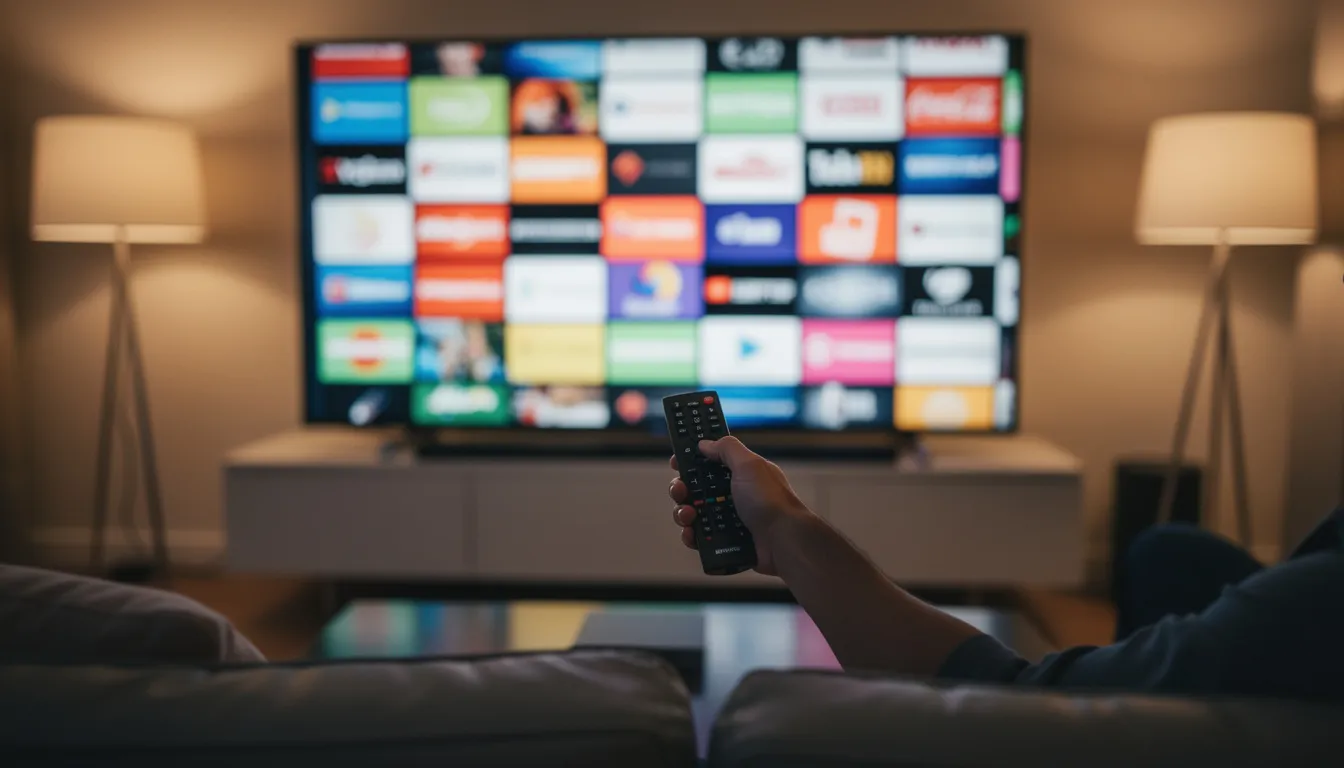 A person is using a TV remote control to navigate a large screen that displays a vibrant grid of channel logos, highlighting various TV channels available for effortless media playback. The user is likely enjoying a high-quality viewing experience while accessing their favorite channels through a user-friendly interface.