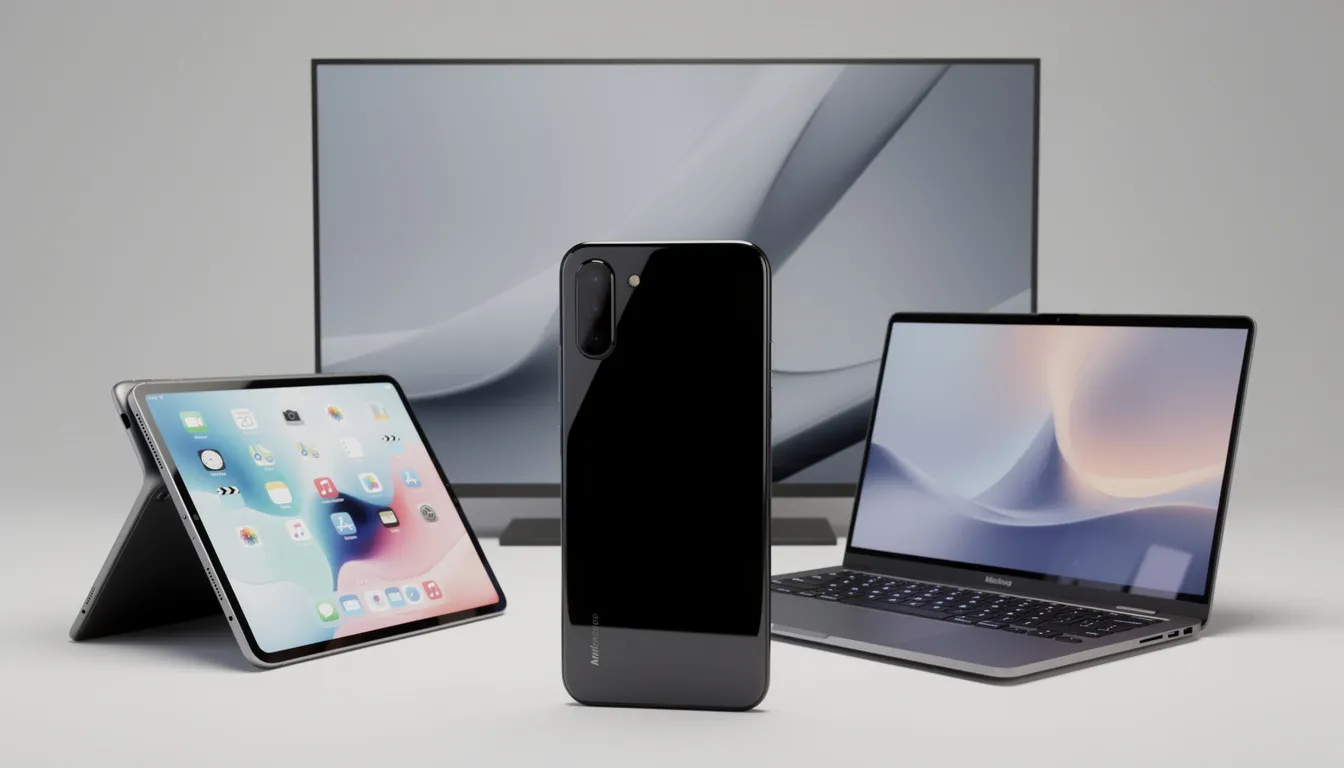 The image features a collection of electronic devices, including a smartphone, tablet, laptop computer, and television, all arranged together. This setup highlights the versatility of modern technology, which supports various features such as streaming, parental control support, and dynamic language settings, making it ideal for users seeking advanced IPTV solutions like GSE Smart IPTV.