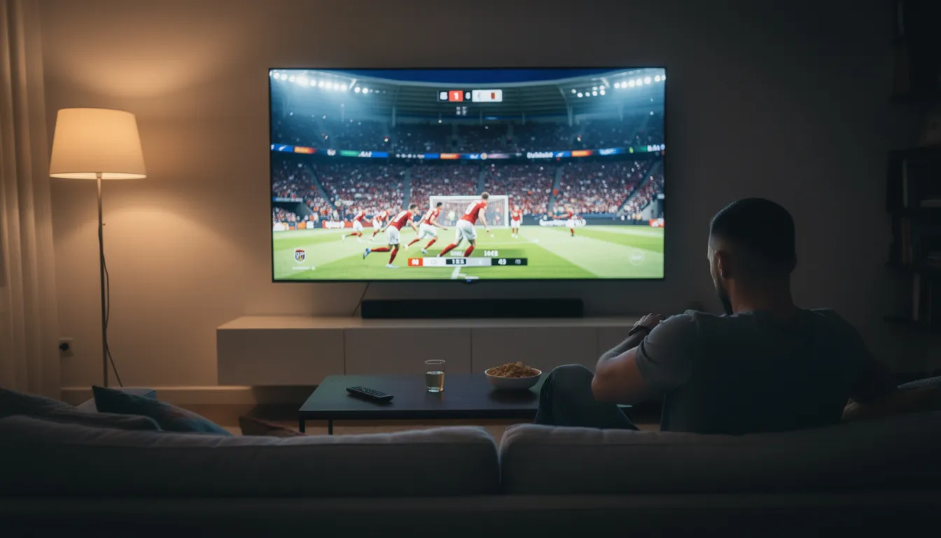 A person is sitting comfortably on a couch, watching live sports on a large screen TV, likely using an IPTV service for streaming. The scene captures the excitement of the game, highlighting the importance of a reliable internet connection to enhance the streaming experience without buffering issues.