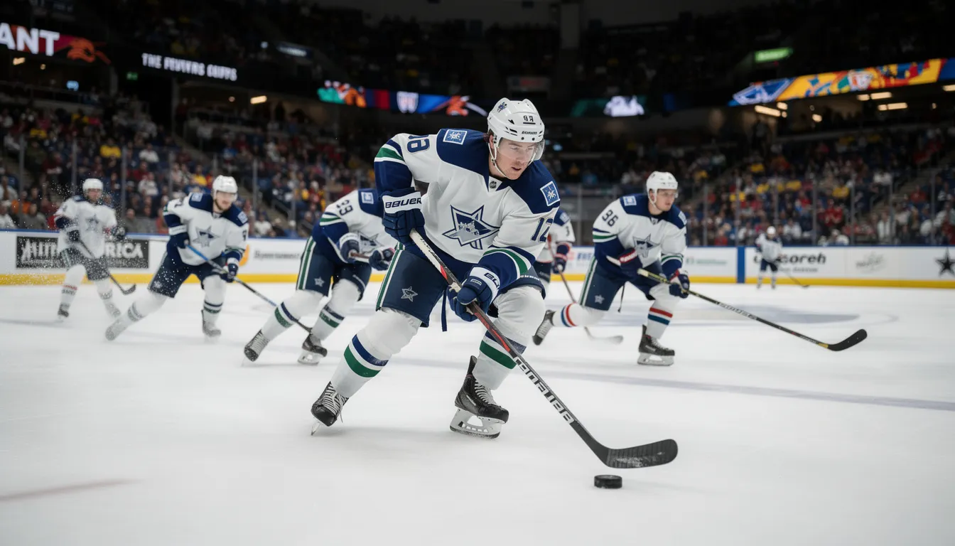 A group of hockey players in jerseys and helmets skates swiftly across an ice rink during a professional game, showcasing their athleticism and teamwork. The scene captures the excitement of live sports, perfect for fans who enjoy watching games through reliable IPTV services for a premium viewing experience.