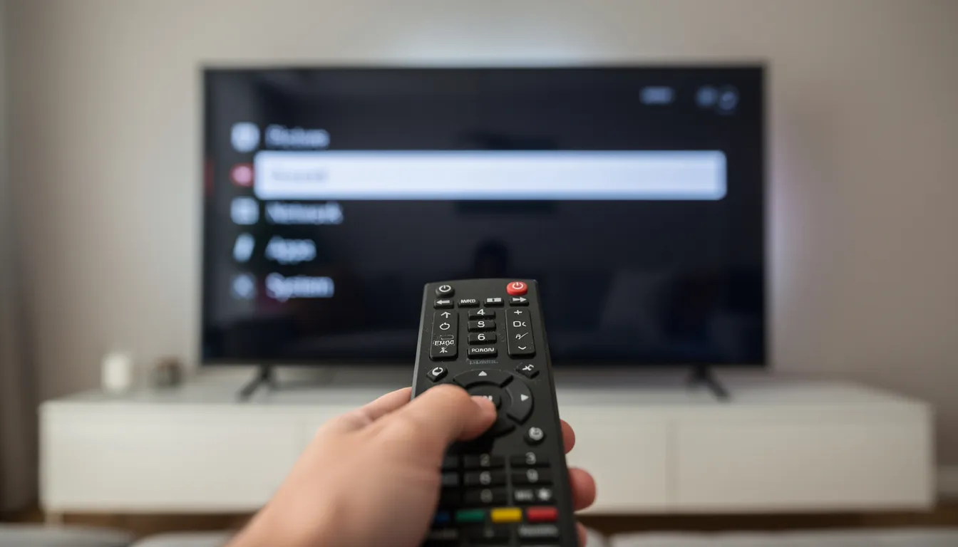 The image shows a television remote control aimed at a smart TV screen, which displays a settings menu with options for installing apps and adjusting settings for streaming content. This setup is commonly used with devices like the Amazon Fire TV Stick or Fire TV Cube to access third-party apps and enhance the streaming experience.