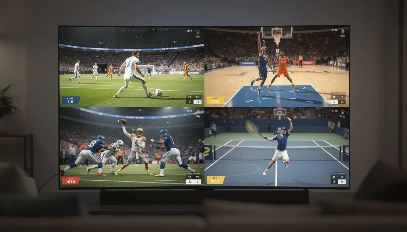 The image features a television screen divided into four sections, each displaying different live sports events simultaneously, showcasing a user-friendly interface ideal for viewers who enjoy watching multiple channels at once. This setup highlights the versatility of IPTV services, allowing users to access their favorite sports content on an Android device or TV.