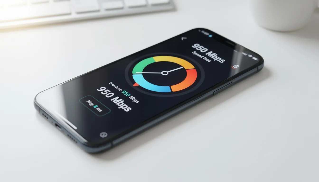 The image shows a smartphone screen displaying the results of an internet speed test, highlighting metrics such as download and upload speeds. This information is crucial for IPTV users to ensure a reliable internet connection for streaming IPTV services without buffering issues.