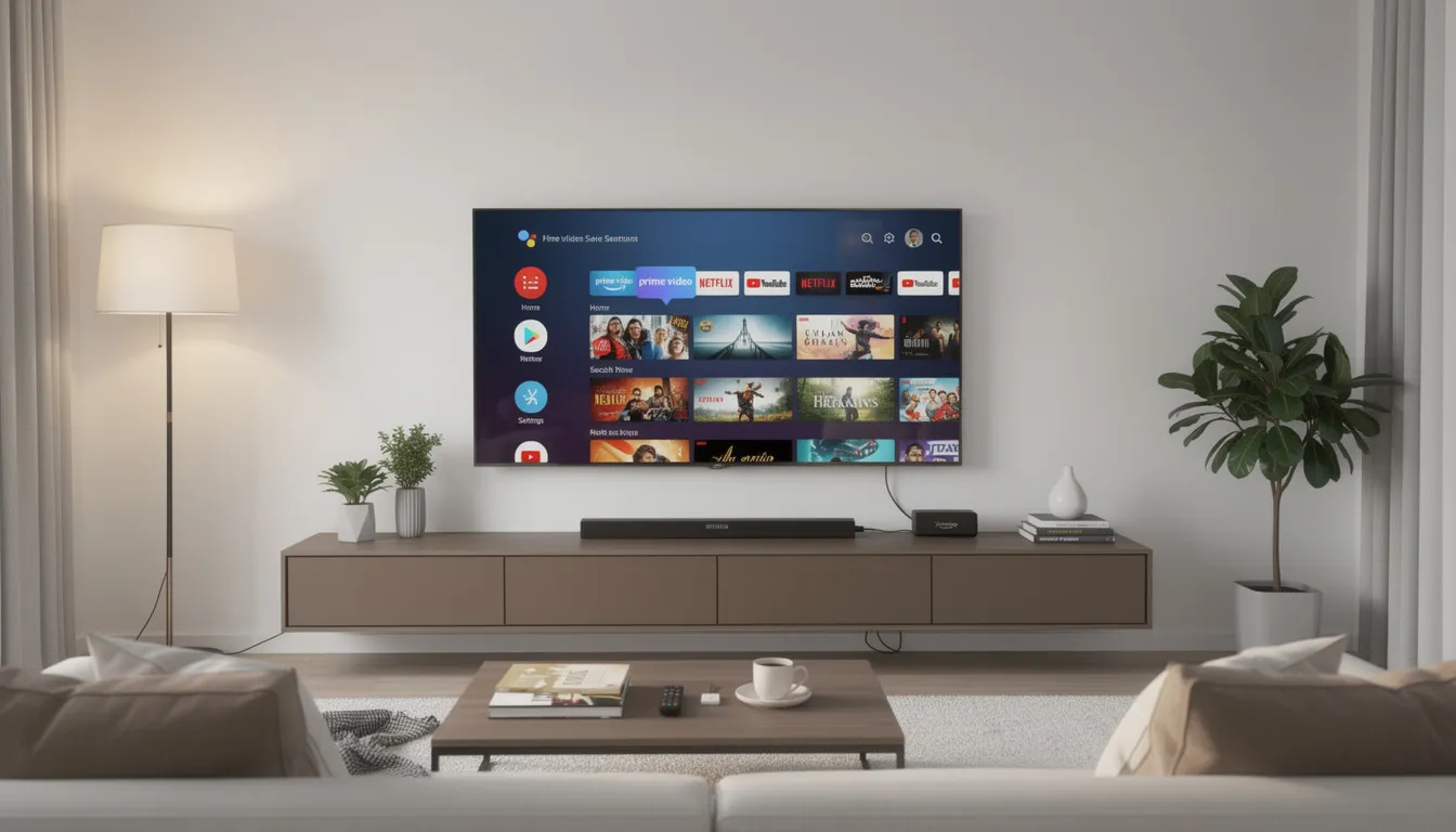 The image features a modern living room with a wall-mounted TV showcasing a streaming interface, where a Firestick device is prominently visible. This setup allows users to easily access various IPTV services and enjoy their favorite channels through a user-friendly interface.