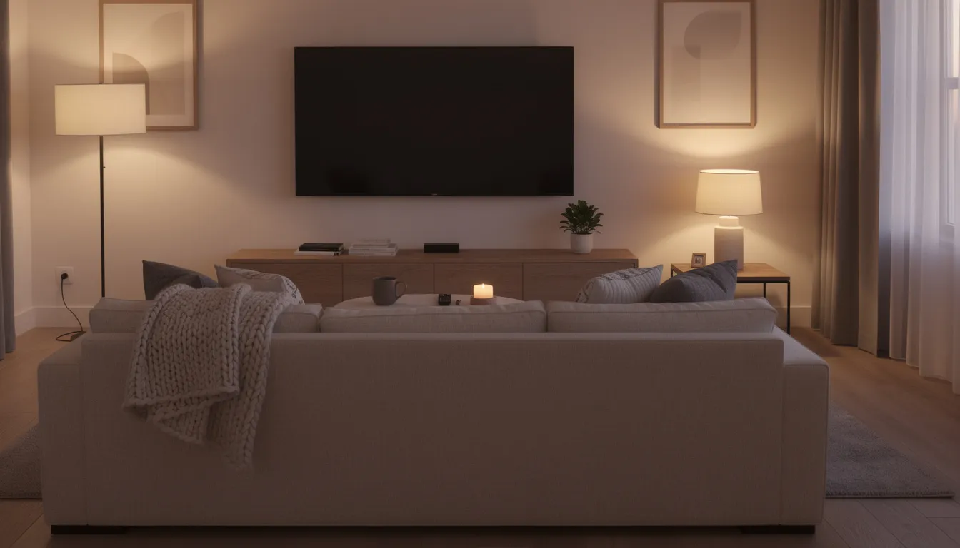 The image depicts a cozy living room featuring a wall-mounted television and a comfortable couch, creating an inviting space for enjoying movies and TV shows. This setup is perfect for using various streaming apps available on devices like the Fire TV Stick, offering a smooth streaming experience for free movies and live TV channels.