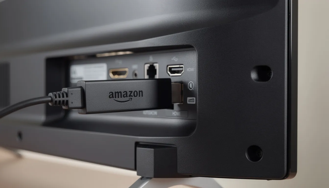 The image shows an Amazon FireStick device connected to the back of a television, illustrating how the Fire TV stick integrates with the TV setup for streaming content. The device is compact and sleek, showcasing its role as a set-top box for accessing various IPTV services.