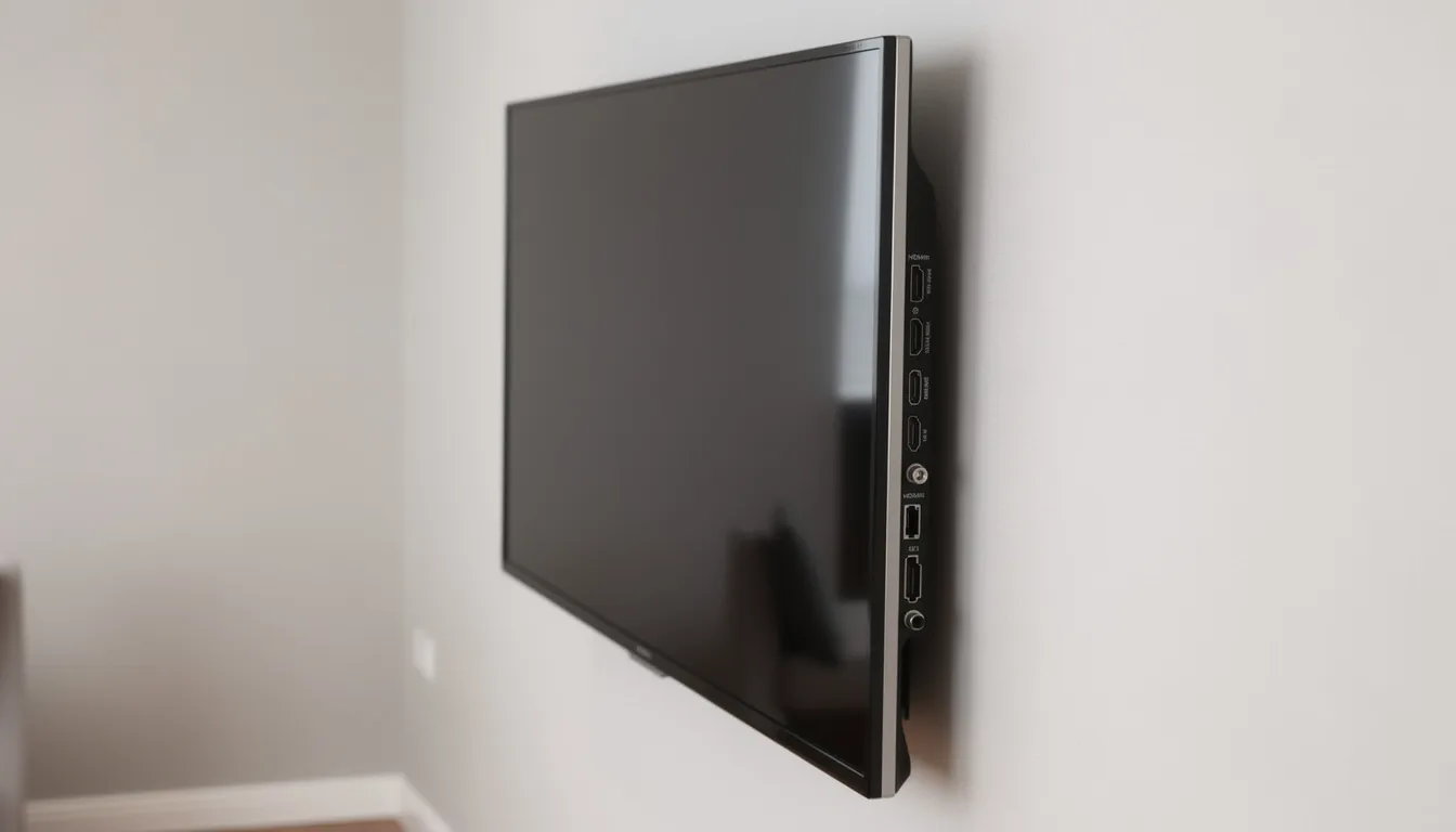 The image shows a modern flat-screen television mounted on a wall, with HDMI ports clearly visible on the side, ready for connecting devices like the Amazon Fire TV Stick. This setup allows users to enjoy streaming movies by connecting their Fire TV device to the TV's HDMI port.