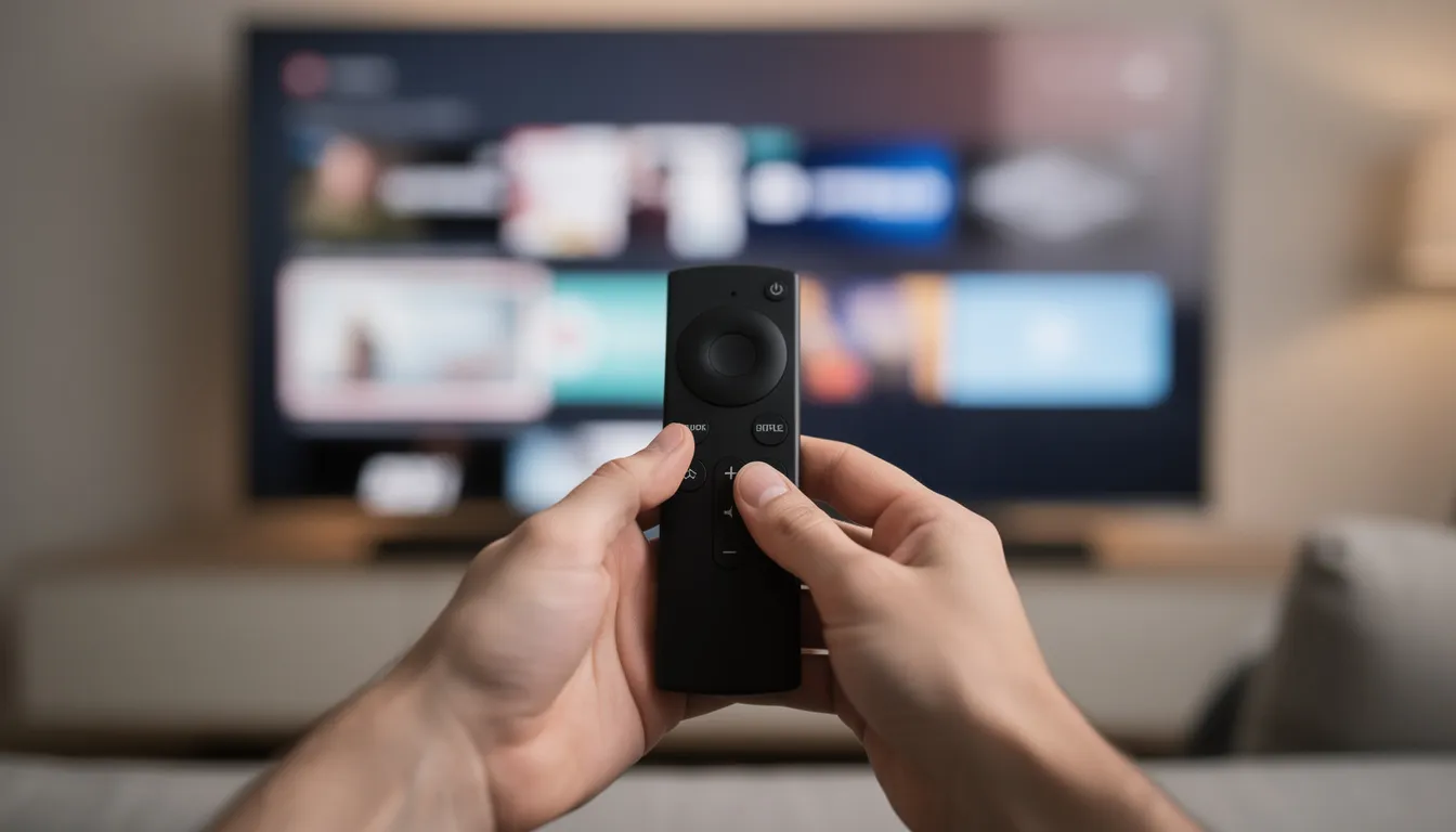 A pair of hands is holding a smartphone remote control, pointing it towards a television screen. The scene suggests the use of advanced IPTV solutions, highlighting features like parental control support and dynamic language settings for an intuitive user experience.