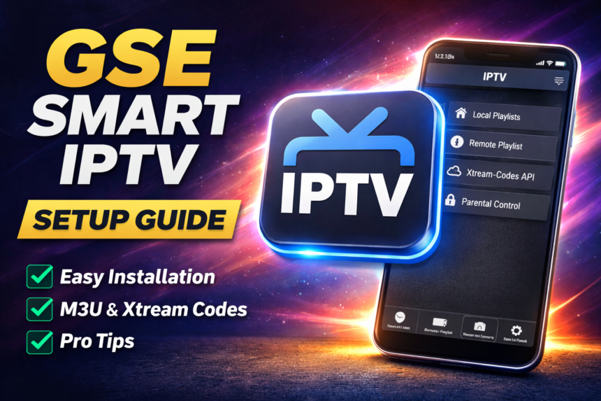 gse smart iptv setup guide showing app interface on smartphone with playlist and xtream codes options
