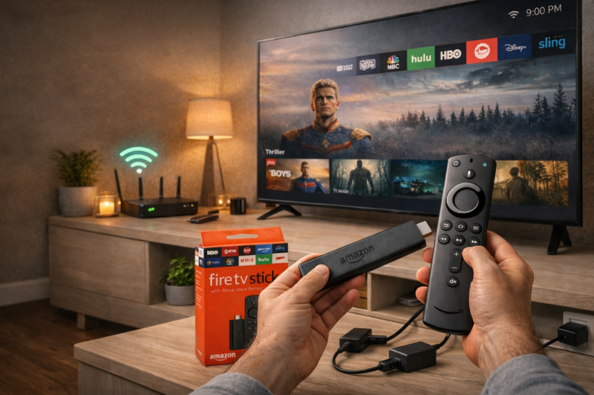 Amazon Fire TV Stick being installed on a smart TV with remote control in hand, realistic living room setup with streaming interface on screen.