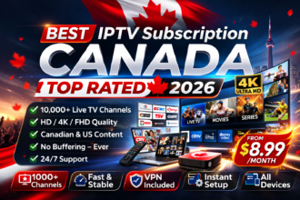 Best IPTV subscription Canada 2026 featured image showing Firestick streaming setup, 4K IPTV channels, live sports and movies on smart TV devices.