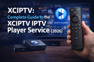 XCIPTV IPTV player app displayed on TV screen with streaming remote and media box for a 2026 setup and installation tutorial.