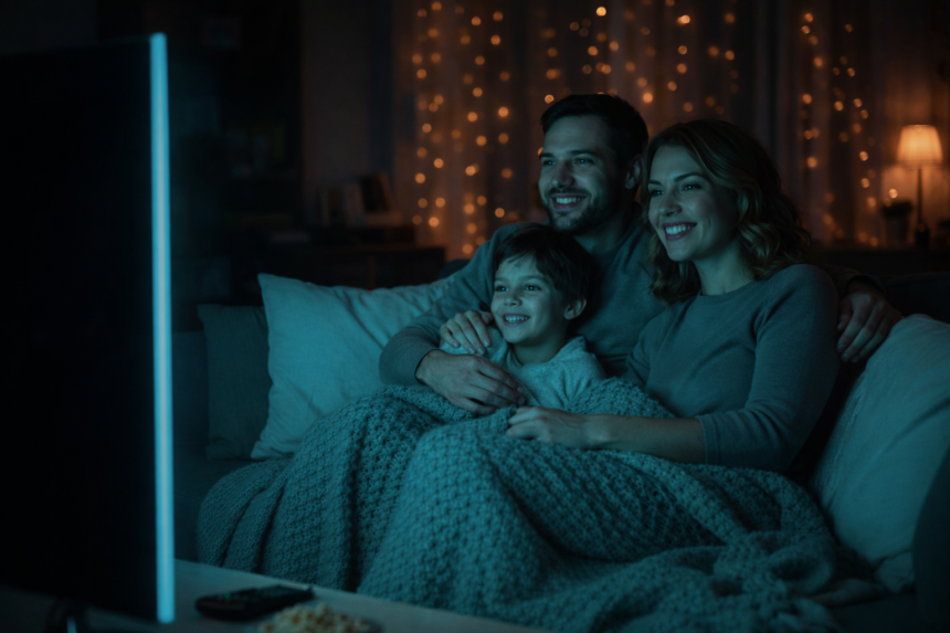 Family enjoying streaming content on smart TV while sitting together on sofa in a cozy modern living room at night