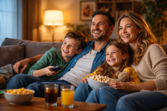 Family watching TV together in living room
