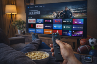 Person using Firestick remote watching streaming apps on smart TV in modern living room