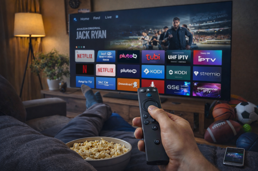 Person using Firestick remote watching streaming apps on smart TV in modern living room