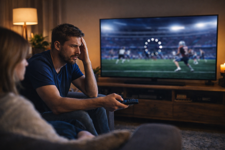 man watching smart TV with buffering loading circle while streaming live sports in living room